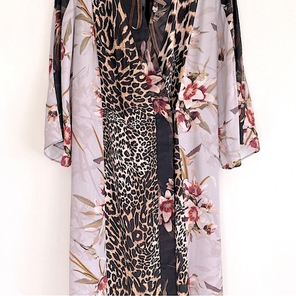 ALL SAINTS ELSA KUROYURI LEOPARD FLORAL KIMONO SLEEVE MIDI WRAP DRESS Gray 8 - Picture 13 of 15
